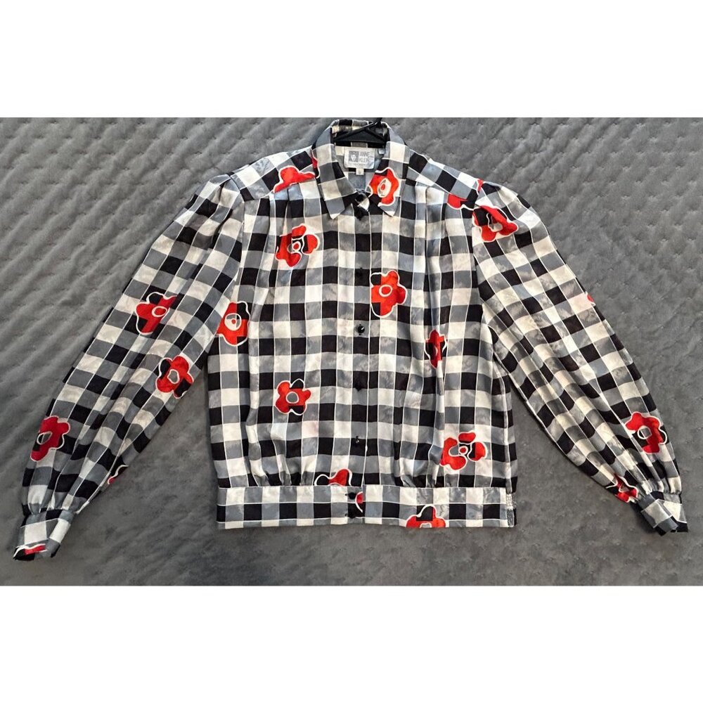 Vintage Anne Klein Women's Black White Gingham Checkered Blouse Red Poppy Size 8 - Picture 5 of 9